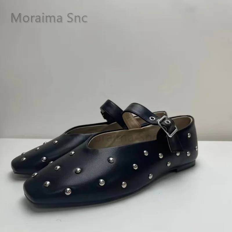 Zapatos planos de Ballet con diamantes de imitación para mujer, zapatos planos de cuero con hebilla de cinturón y punta cuadrada, cómodos, informales, combinan con todo