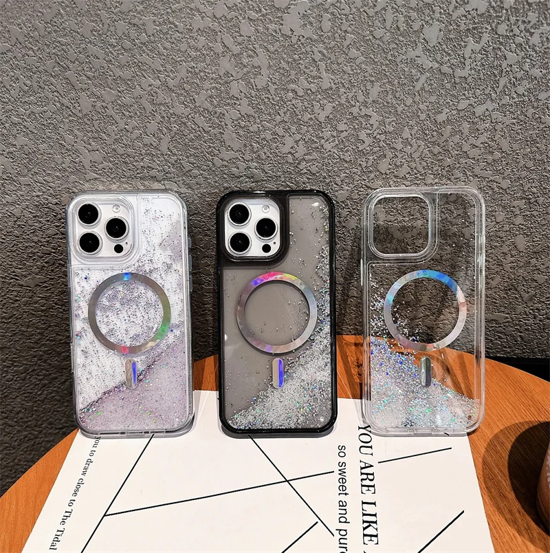 

Luxury Plating Ring Magsafe Case for iPhone 15 16 Pro Max Magnetic Glitter Beads Quicksand Phone Cover Hard Liquid Shell Fundas