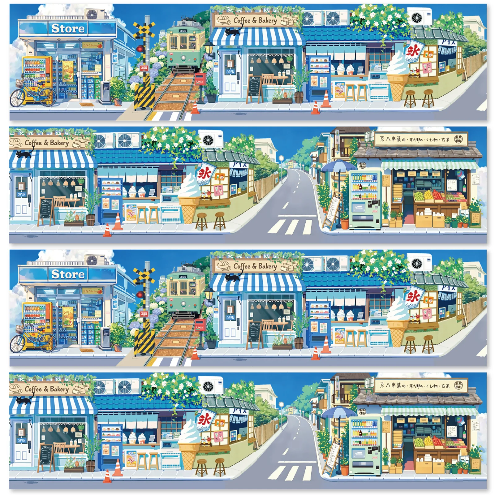 Etori Life 60Mm*2M Healing Summer Street Scene Tape with Street Scene Patterns of Trams, Street-Side Shops, and Greenery, Suitable for Card Backgrounds, Travel Decoration, Laptop, Phone Back Cover, Handbag, Photo Album, Postcard, Envelope, Guitar, Skateboard, Room Decoration, Scrapbook Supplies, Office Decoration Supplies, School Supplies, Back-To-School Season, Cycling Decals, Gifts for Friends