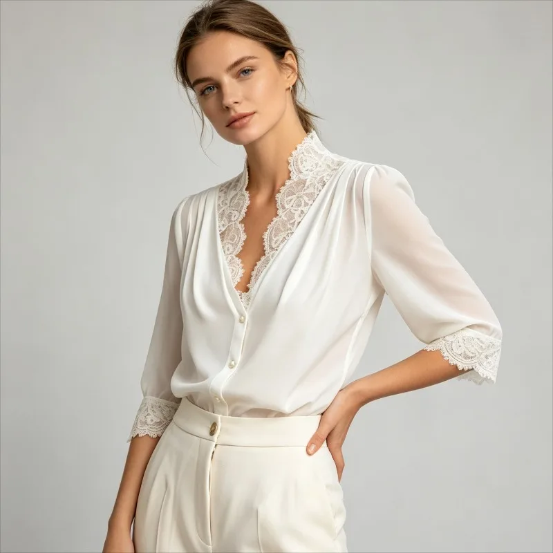 New Elegant Lace Splicing Gentle Women's Three Quarter Shirt Spring and Autumn Fashion Solid Color V Neck Office Lady Tops