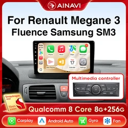 Ainavi Car Radio For Renault Megane 3 Fluence Samsung SM3 2008 - 2014 Wireless Carplay Android Auto Car Multimedia Stereo 2 Din