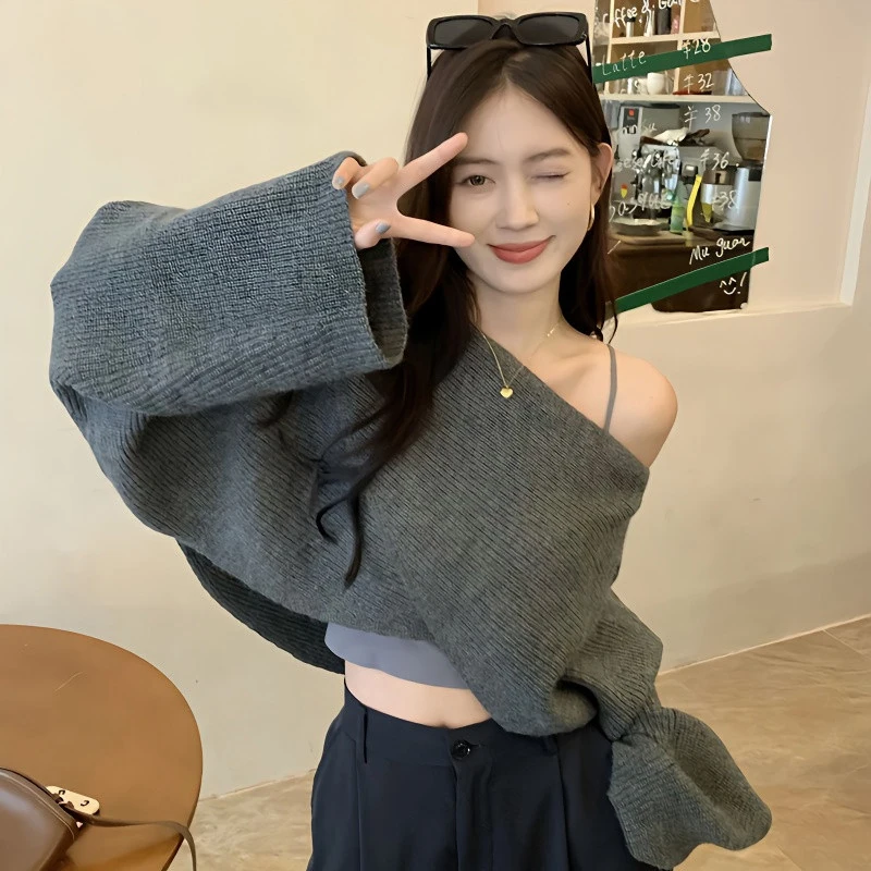 Women Asymmetrical Off Shoulder Knit Sweater Crossover Cropped Pullover Ribbed Long Sleeve Y2k Streetwear Casual Winter Top