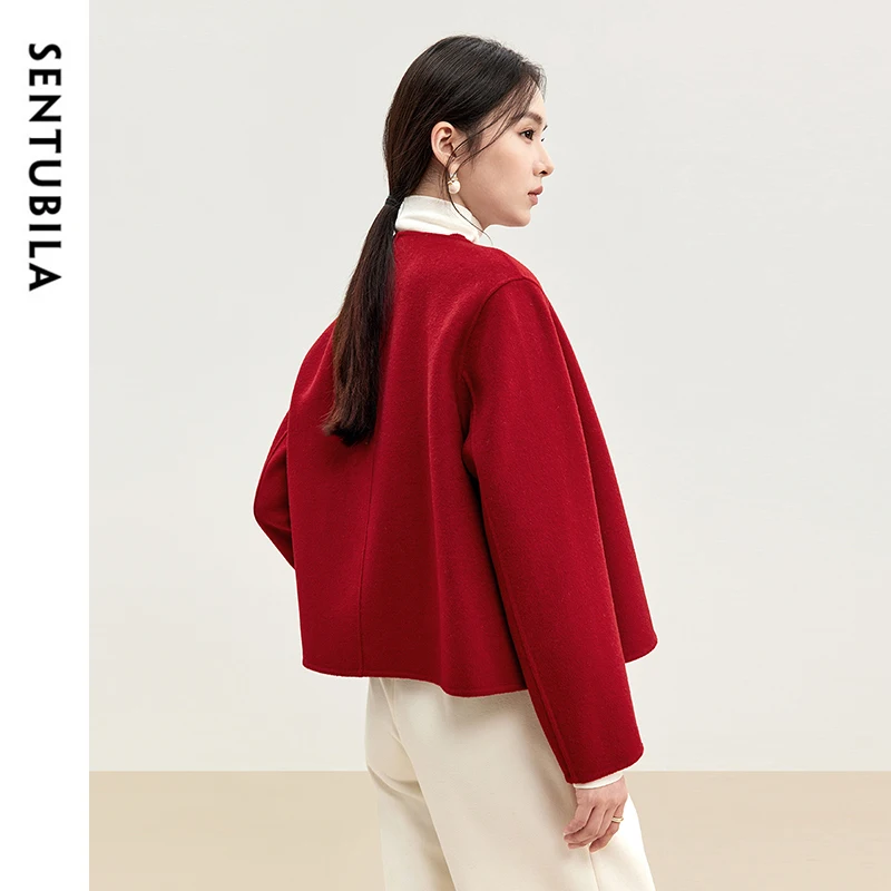 SENTUBILA, chaquetas rojas de lana de 100%, abrigo corto para mujer, abrigo corto de invierno 2024, prendas de vestir exteriores cortas de lana de doble cara con botones elegantes para mujer W44O56627