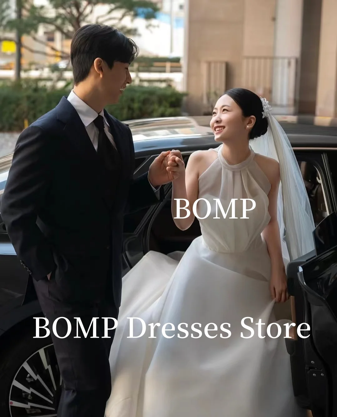 

BOMP Elegant Wedding Dresses A-Line Halter Floor Length Sweep Train Backless Bridal Gown Korea Photo Shoot Customized Elegant