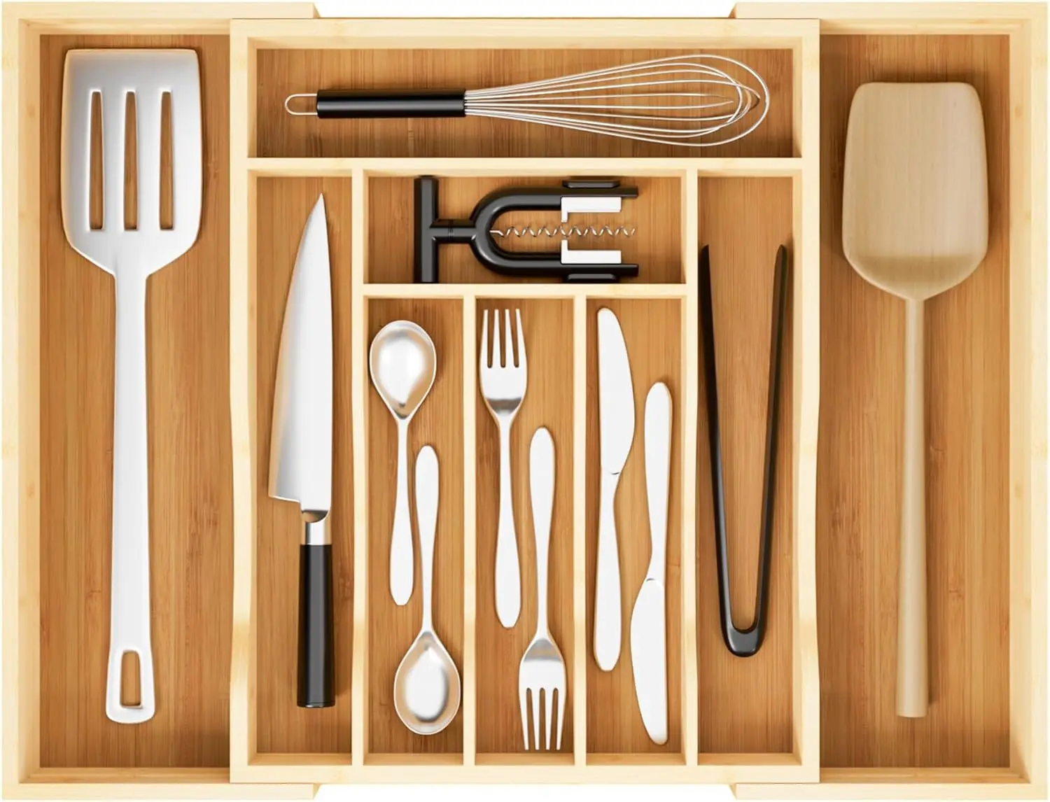 

Expandable Bamboo Drawer Organizer with Adjustable Dividers, 7-9 Slots for Kitchen Utensils and Silverware