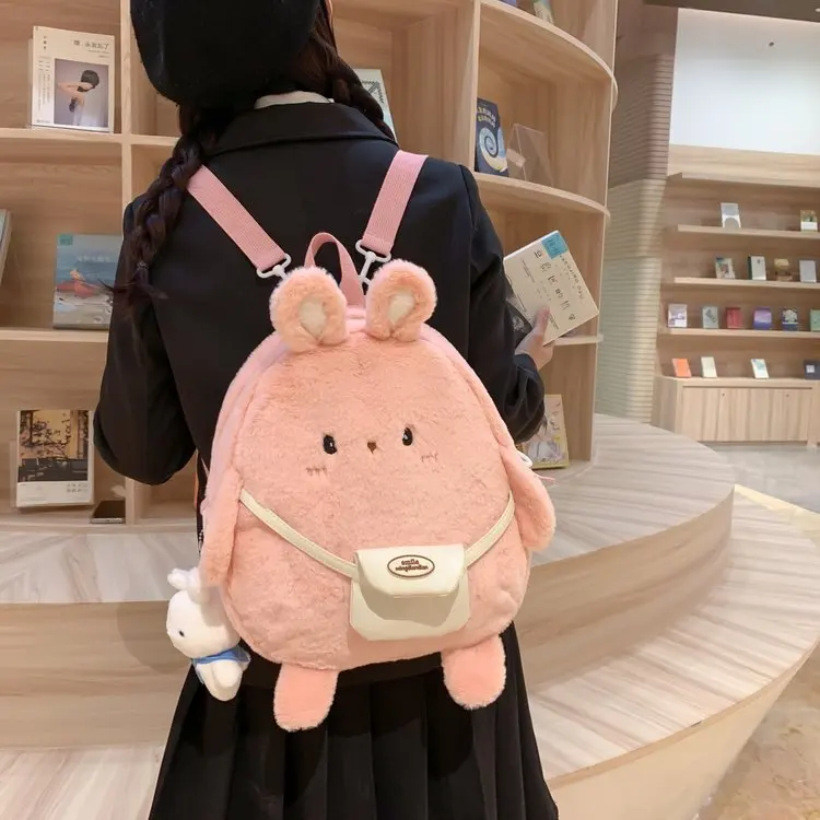 2024 New Cartoon Plush Rabbit Backpack Girl Cute Large Capacity Soft Bag Leisure Plush Book Bag Korean Solid Color Crossbody Bag