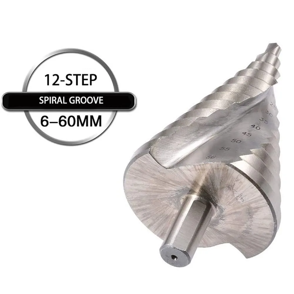 6-60mm Step Drill Bit 12.5mm/0.5” Shank 4241 HSS Spiral Groove Drill Bit for Wood, Plastic, Thin Metal Sheet