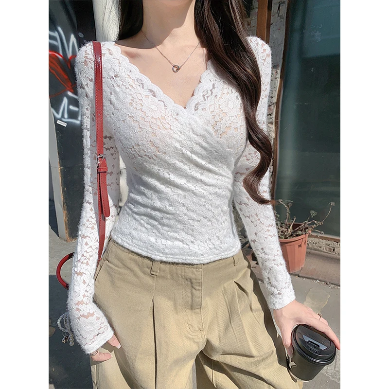 

Утягивающий однотонный кружевной дизайн Long Sve Base irt, женская внутренняя одежда, корейский Sle Commute Faion, тепло для молодых девушек