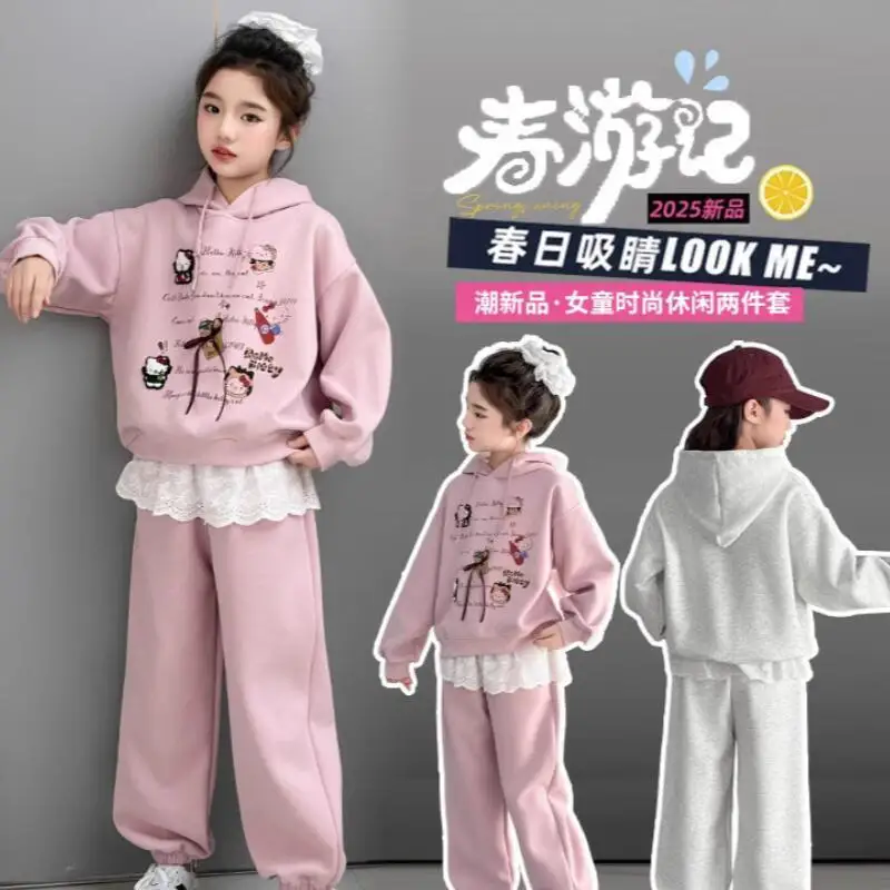 

Горячий костюм Sanrio для девочек, комплект курток Hello Kitty Kawaii, осенний студенческий спортивный костюм в стиле аниме, топы, брюки, детская одежда, комплект из 2 предметов, новый