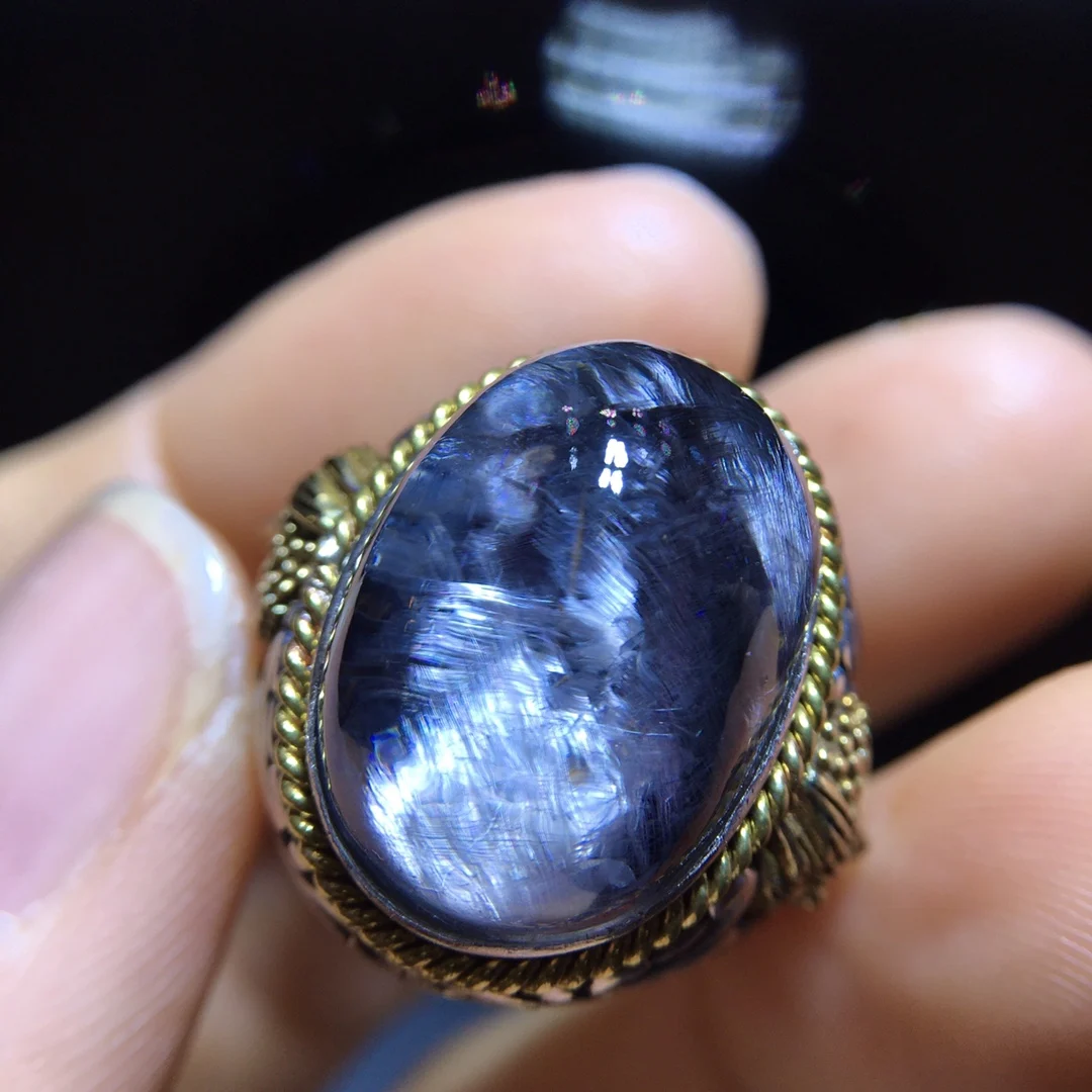 

Natural Brookite Platinum Rutilated Quartz Ring Big Size 17.6/13mm 925 Silver Woman Men Water Drop Lucky AAAAA