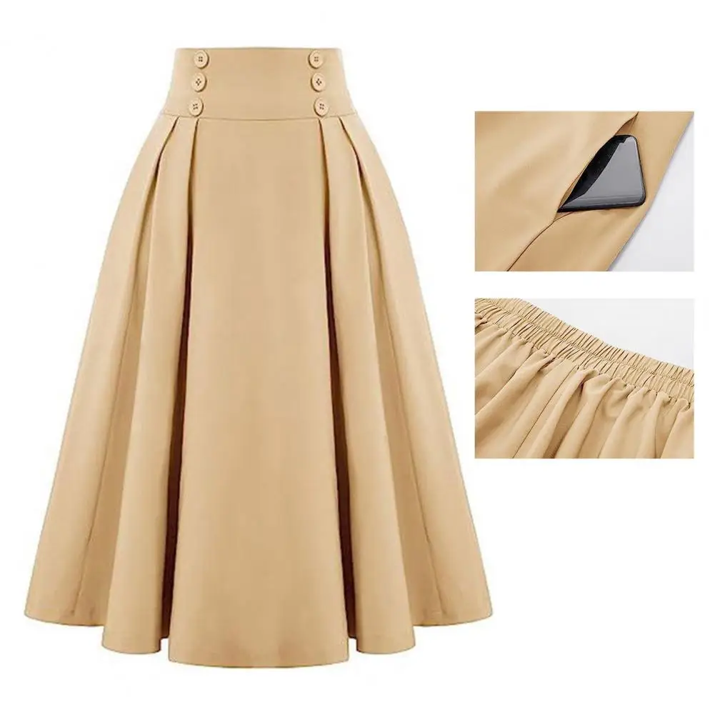 Loose Fit Midi Skirt High Waist A-line Midi Skirt Buttoned Office Lady Workwear with Pockets Solid Color Elegance for Women High