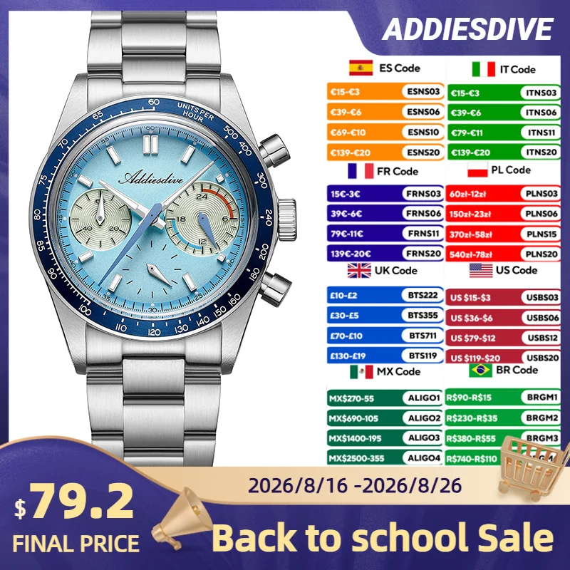 ADDIESDVIE AD2539 Zegarek kwarcowy męski chronograf VK63 stal nierdzewna 316L wodoszczelność 10 bar stalowy pasek BGW9 super luminescencyjny