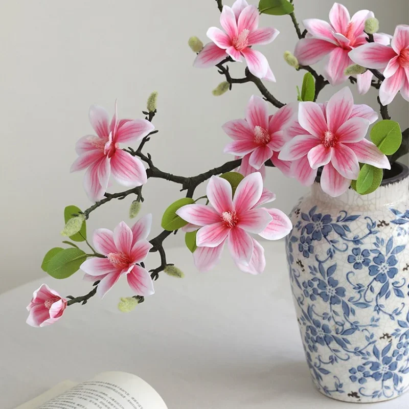 56CM Artificial Magnolia Flower New Chinese Silk Flower Single Branch Decoration for Home Living Room Dining Table Decoration