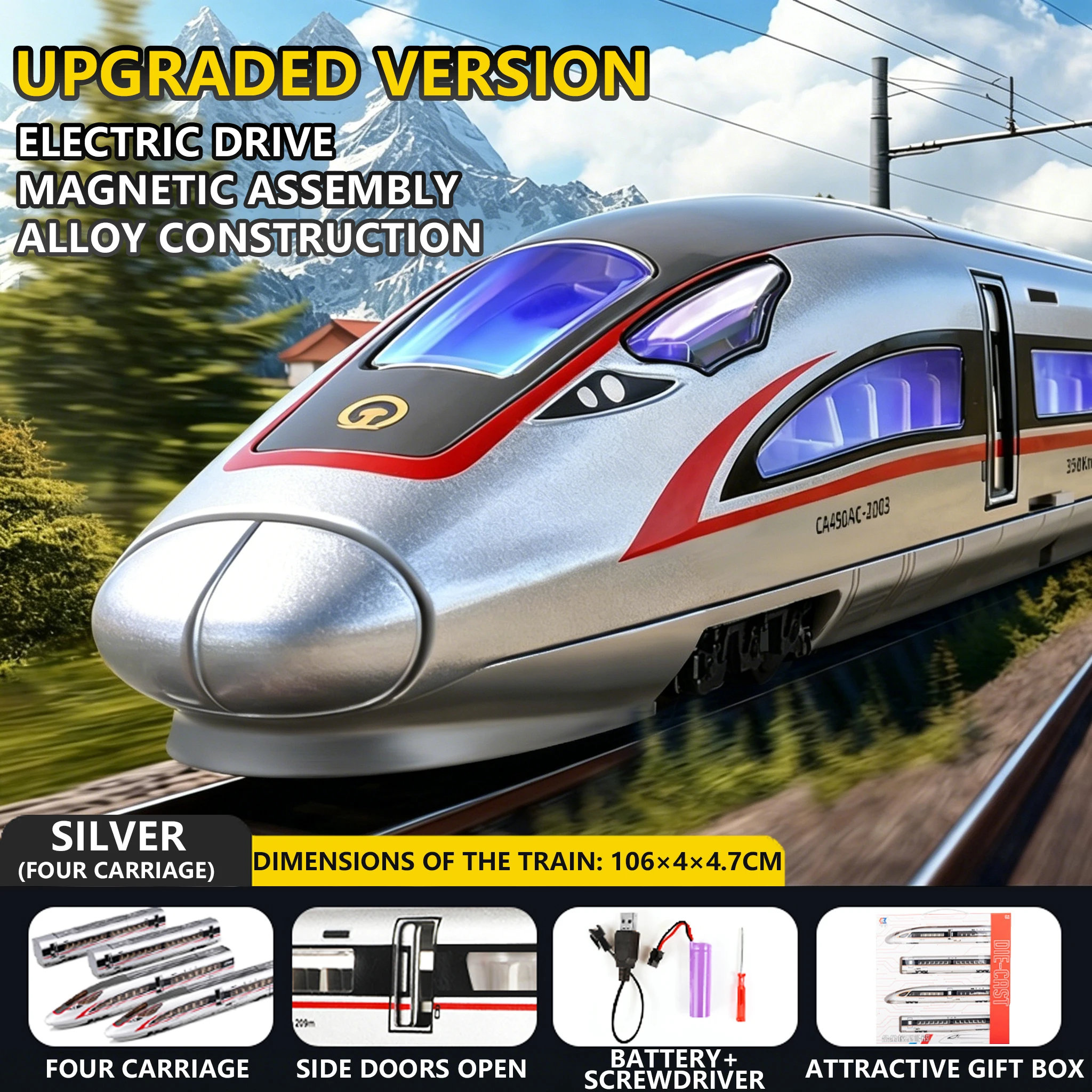 

Alloy High-Speed Train Model Toy, Battery Powered Electric Railway Train Set with Magnetic Coupling & Opening Doors Railway Toy