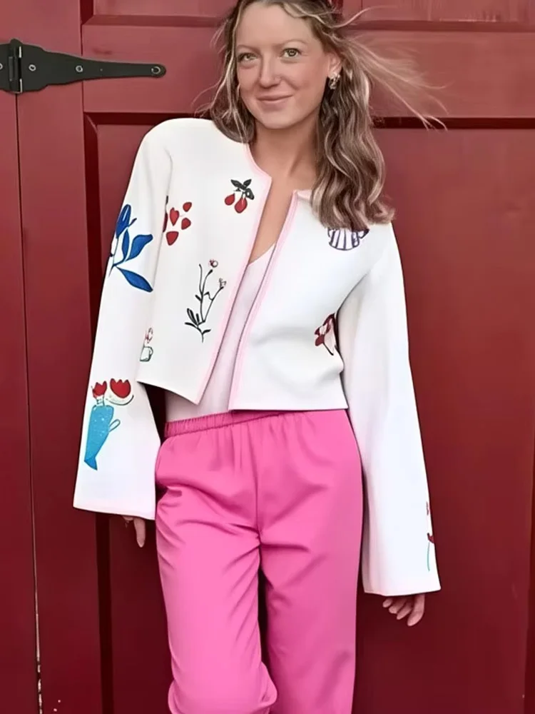 HH 2025 Jesienna Moda Damska Haftowana Kurtka Długi Rękaw Damska Vintage Okrągły Kołnierzyk Słodkie Płaszcze Uroczy Kardigan Mujer