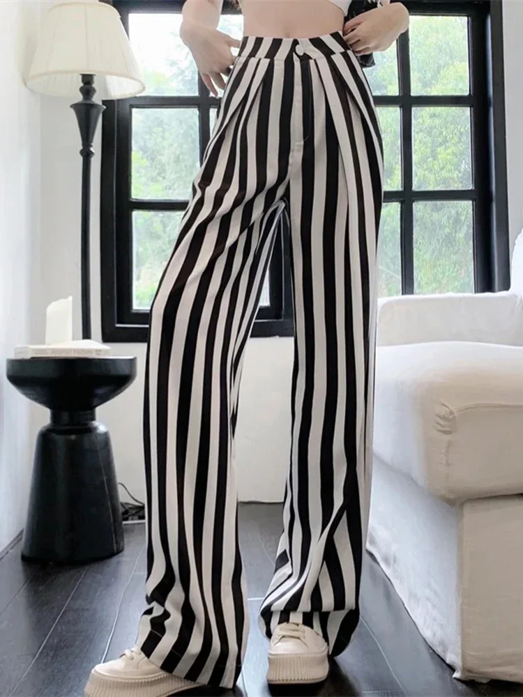 Korean Fashion Retro Street Loose Fitting Women's Straight Leg Pants Summer Color Blocking Vertical Stripes Women Casual Pants