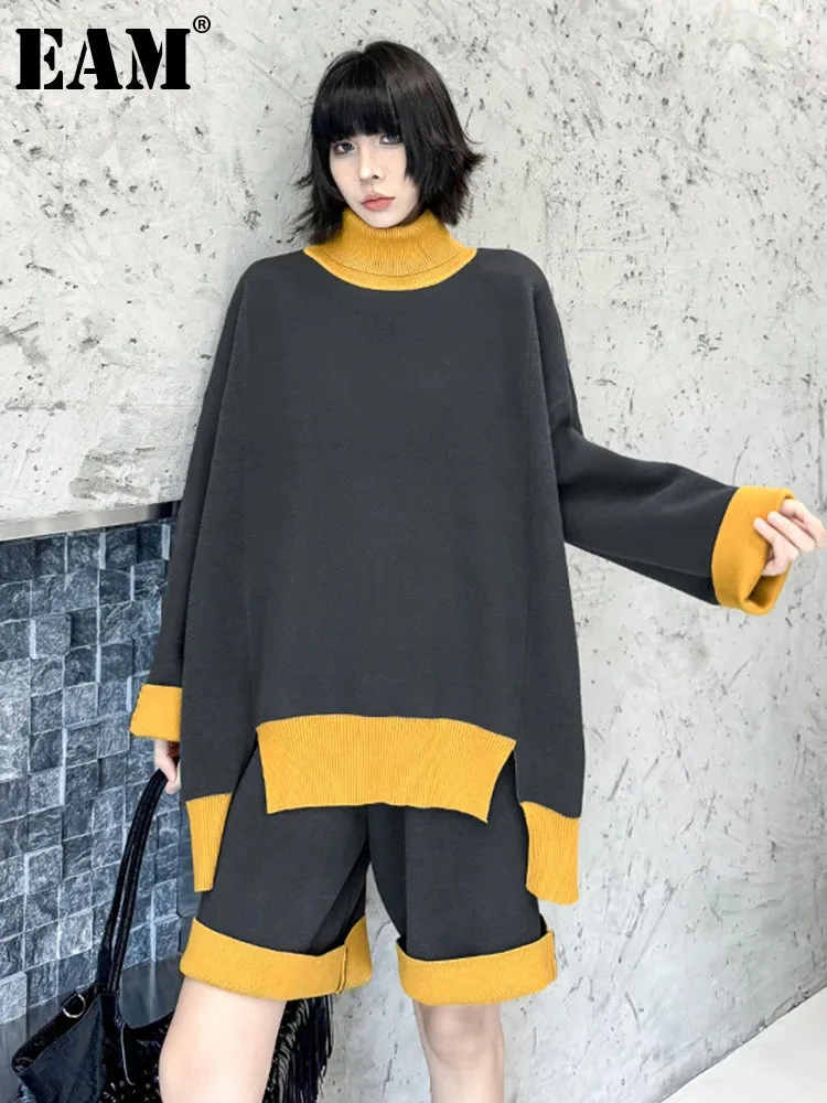 [EAM] Yellow Sweater Shorts Both Side Wear Two Piece Suit New Turtleneck Long Sleeve Women Fashion Spring Autumn 2025 1DH9190