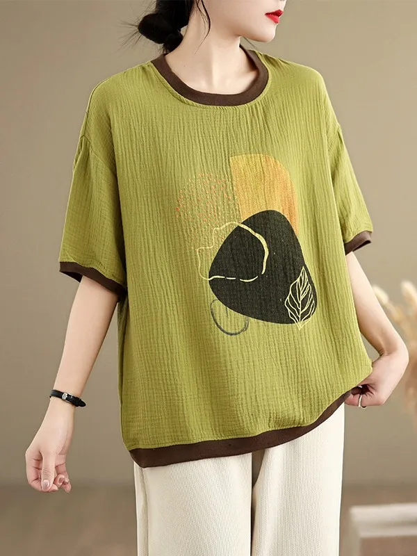 

Loose ort Sve T-irt Women's round Ne Overhead Splice Color Large Size Printed Simple High-End Feeling Summer Top