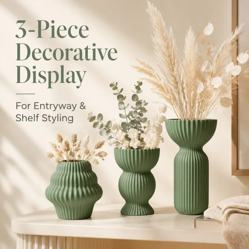 3Pcs Vertical Ribbed Gourd Vase Trio 3D Printed PLA Matte Sage Green Vase Wabi Sabi Decor Only For Dried & Artificial Flowers Ta