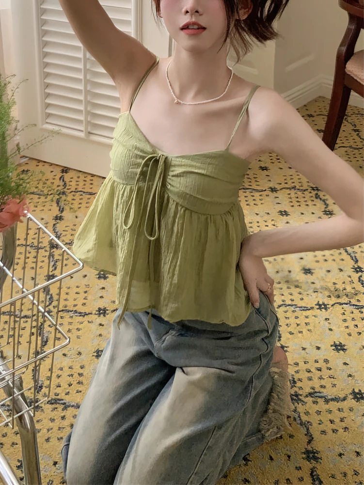 Women Linen Sweet Babydoll Ruffle Crop Sleeveless Top Thin Strap Front Bow Ties Flowy Camis Female Korean Tank Top