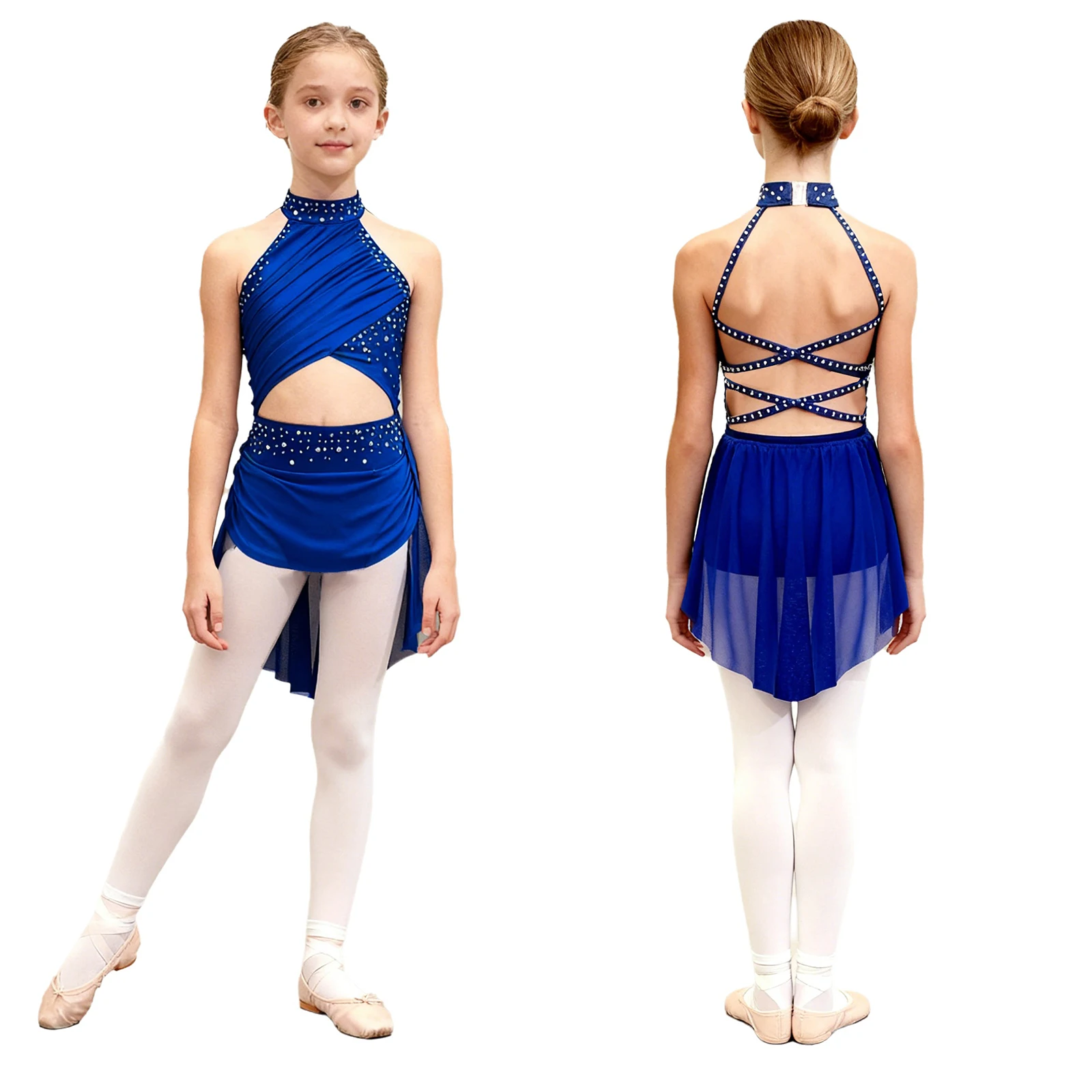 

Детское танцевальное платье для девочек: блестящее, со стразами, с вырезом халтер, из прозрачной сетки, для фигурного катания, балета, гимнастики, туту-костюм, леотард