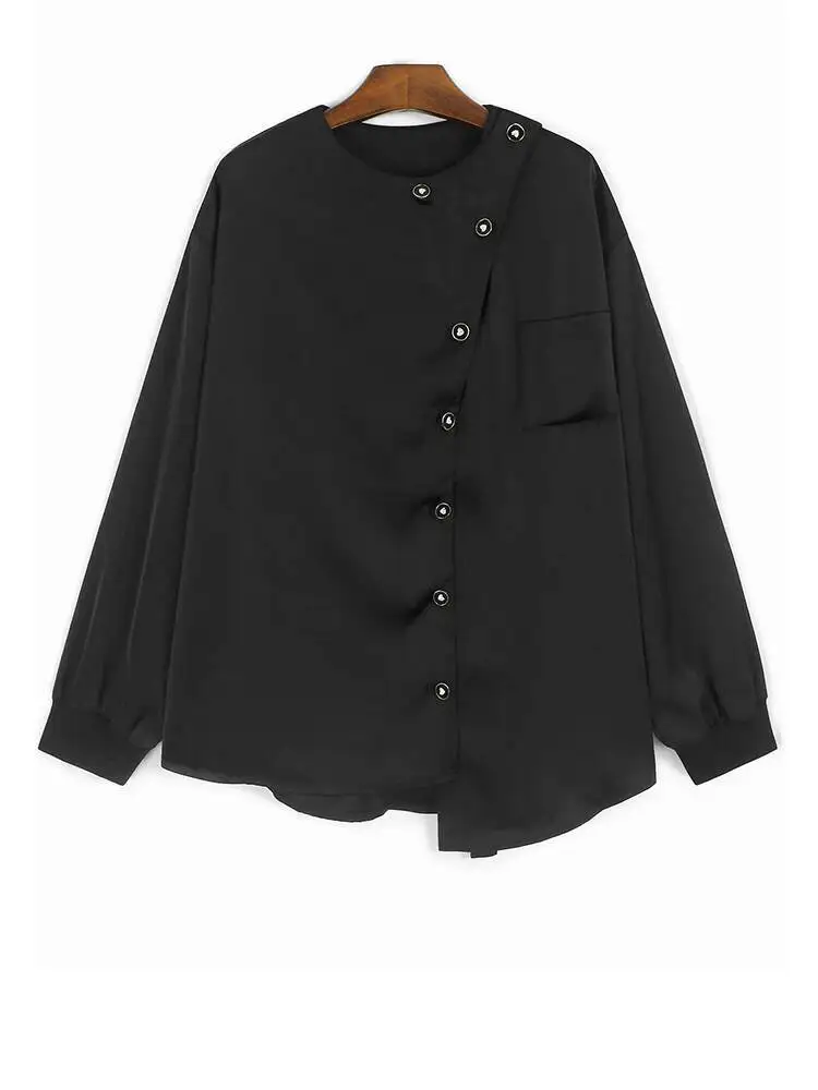 

Женская блузка большого размера с черными пуговицами и нерегулярным подолом, новая рубашка с круглым вырезом и длинными рукавами, модная весна-осень