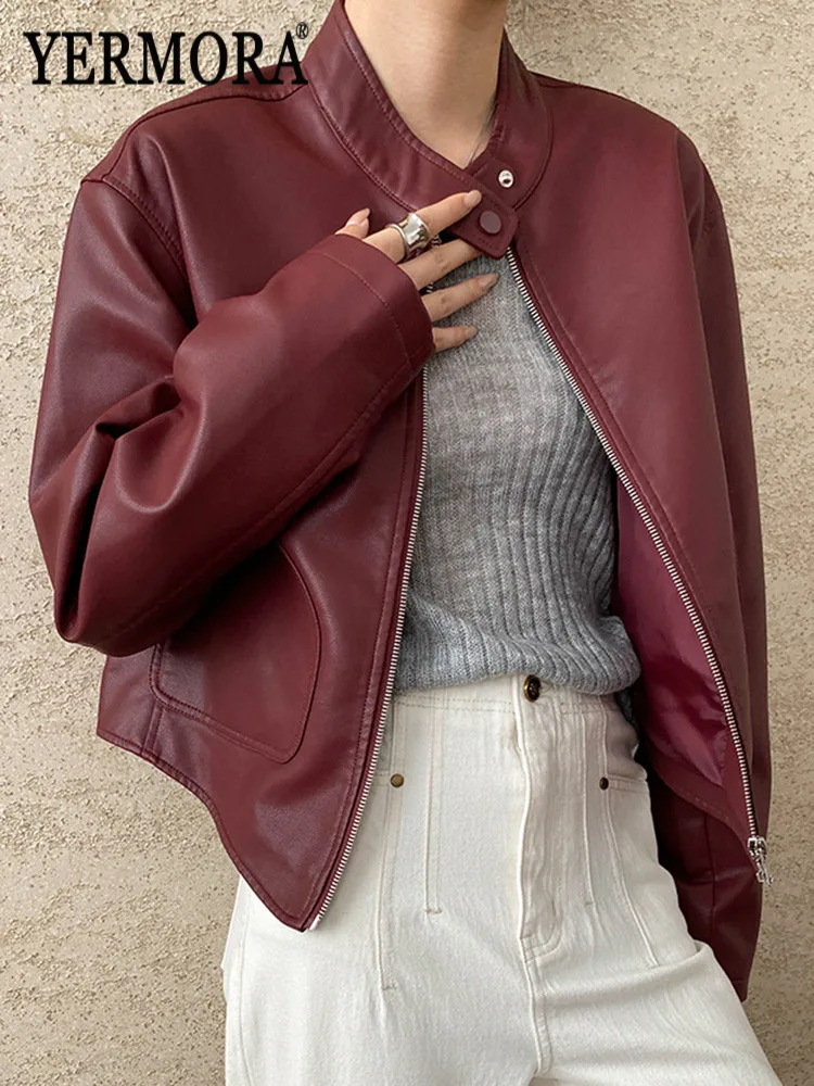 

YERMORA Red Zipper PU Leather Brief Casual Jacket For Women Stand Collar Long Sleeve Loose New Coat Fashion Spring Autumn 2026
