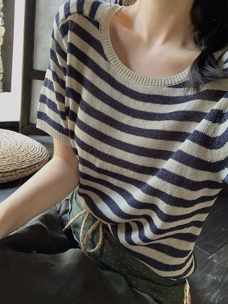 

Женский свитер ZNG OP в стиле ретро с полосками, тонкий, из шелковистой ткани, с круглым вырезом, для повседневной носки