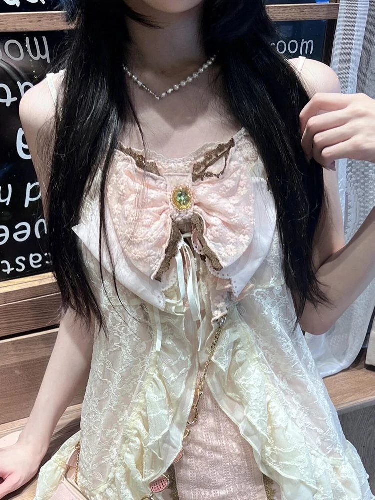 Cute Y2K Lolita 3 Piece Set Women Japanese Lace Cardigan Casual Vest High Waist Y2k Mini Skirt Lolita Fashion Suit view 4