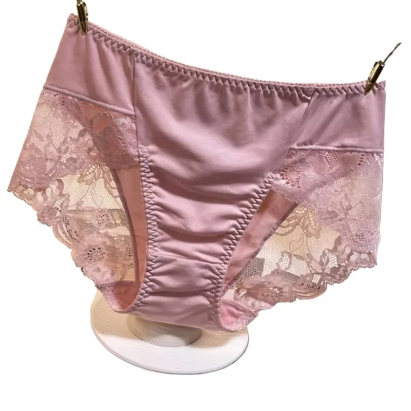 

4 PCS Milk Silk Underwear Women's Medium and High Waist Ice Silk Seamless Cotton Crotch Large Size Fat Sexy Lace Thin Briefs