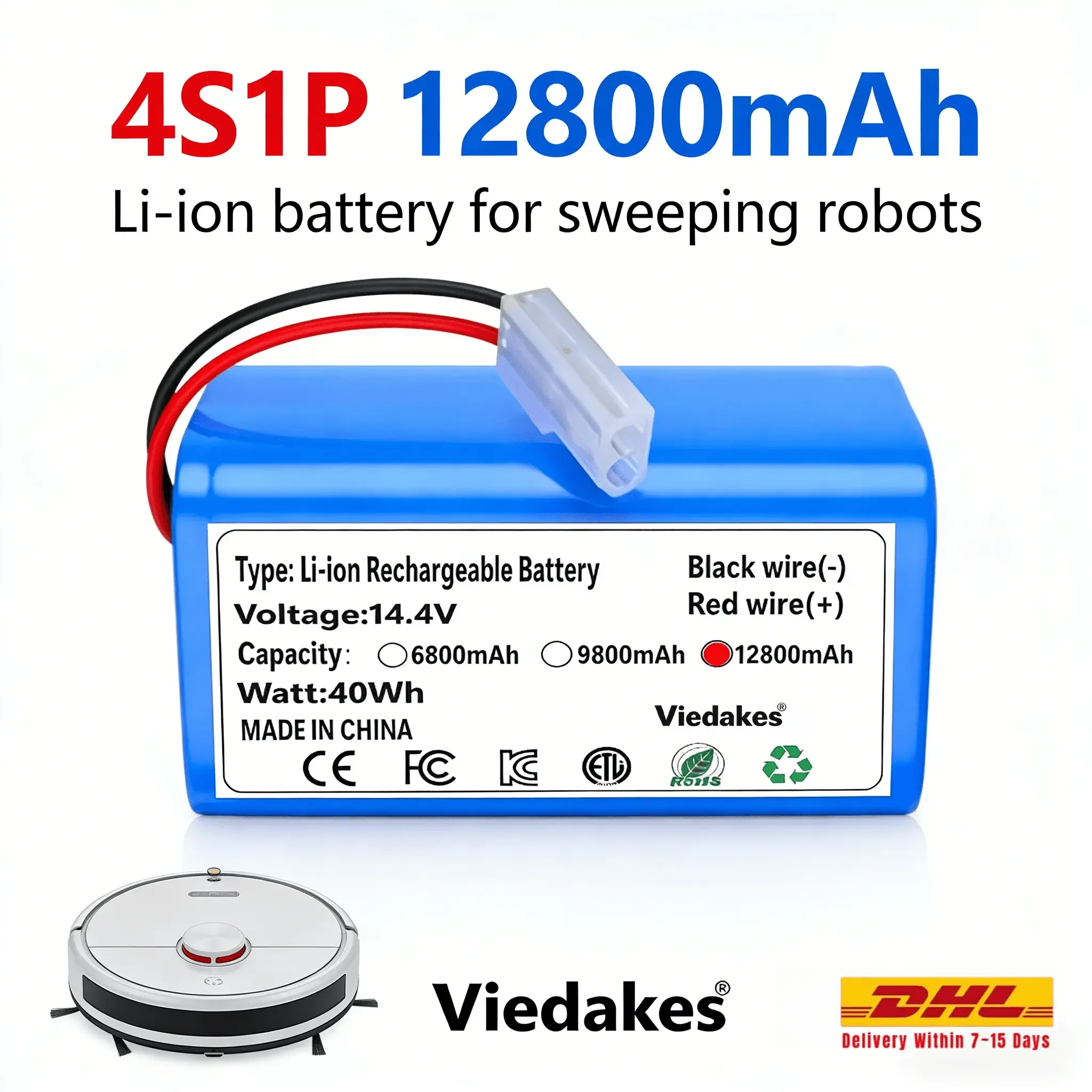 

14.4V Li-ion Battery Pack for Xiaomi Mijia Essential G1 MJSTG1 Robot Vacuum Cleaner, SKV4136GL H18650CH R30 R35 4S1P 12800mAh