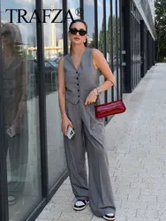 TRAFZA Female Set Solid V-Neck Sleeveless Pocket Single Breasted Vest Tops+High Waist Zipper Pants Summer Suit Woman 2024 Trendy