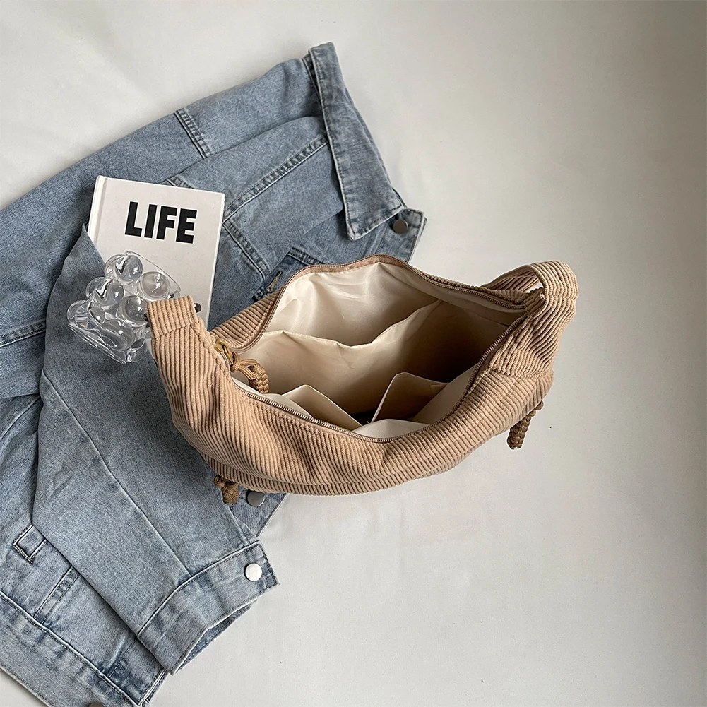 

Corduroy Shoulder Bag Solid Color Women Crossbody Bag with Pockets Crescent Bag Everyday Sling Bag for School Travel Work