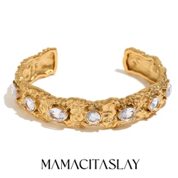 MamacitaSlay Luxury Titanium Round AAA Zircon 14mm Width Irregular Cuff bangles stainless steel bracelet women Jewelry