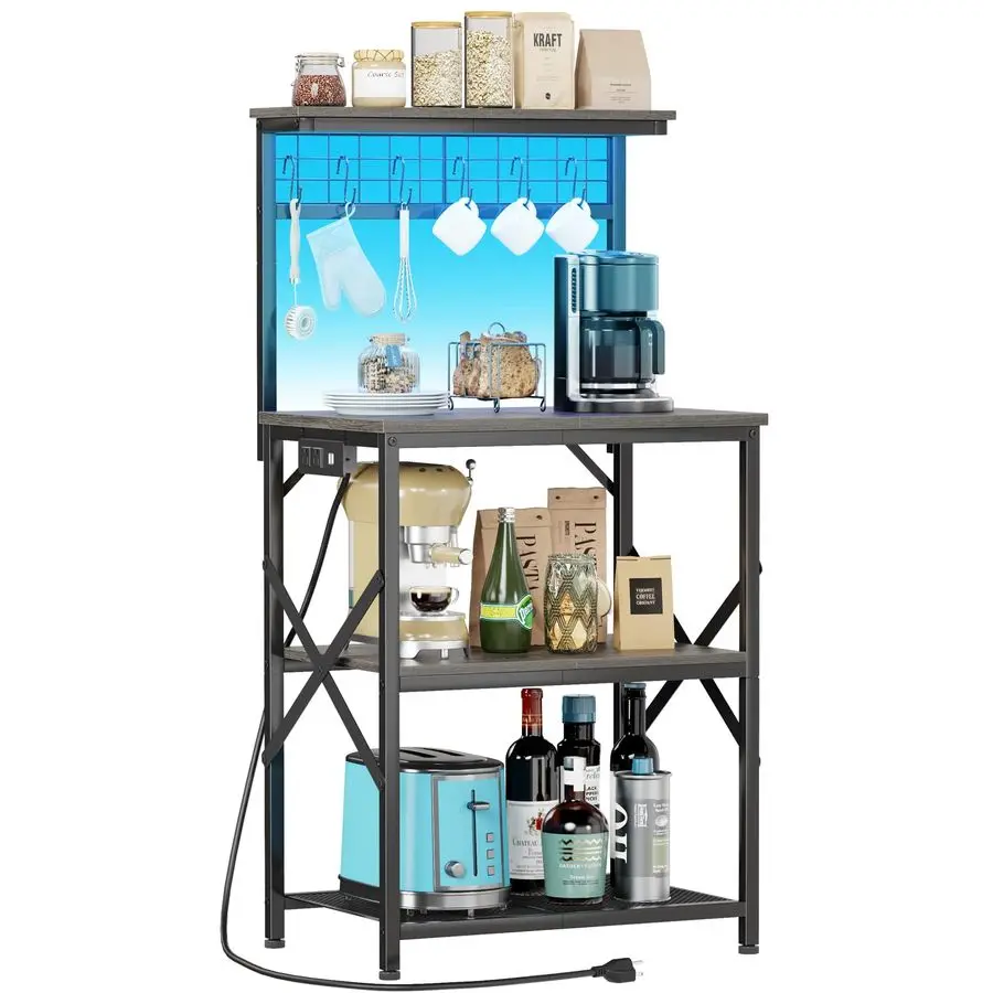 

Стеллаж для выпечки с розеткой и светодиодной подсветкой, небольшая кофейная станция с 4-ярусными полками, подставка для микроволновой печи с 6 крючками