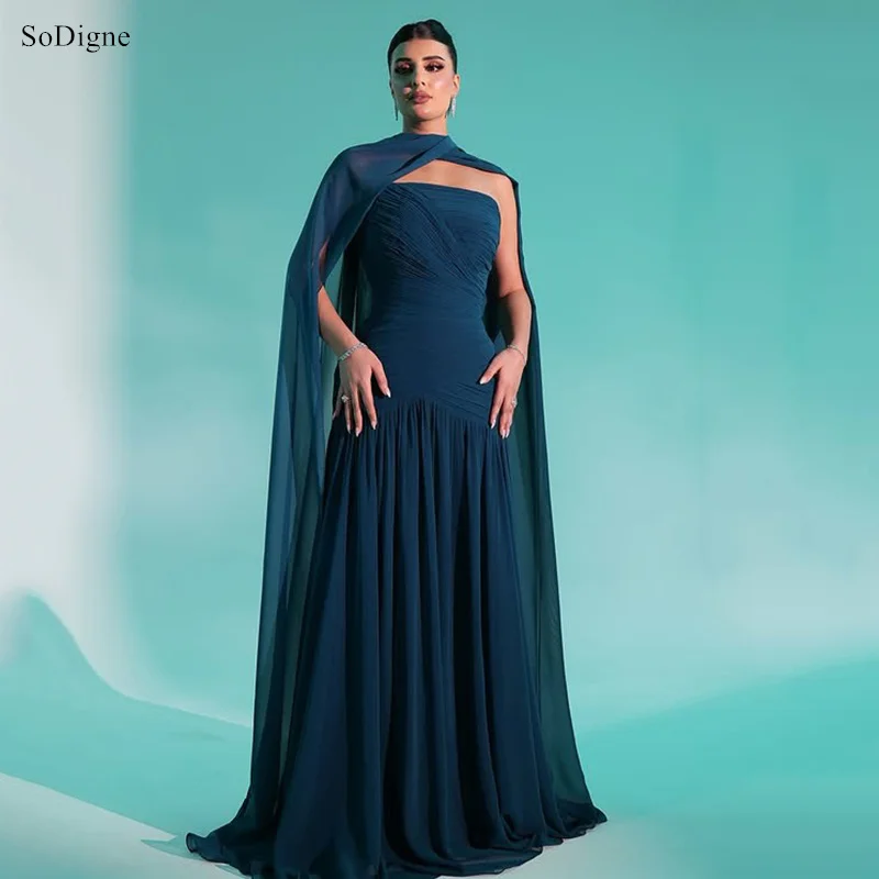 

SoDigne A-Line Blue Chiffon Prom Dresses Strapless Pleat Party Dress Charming Ribbons Draped Cocktail Gowns Customized