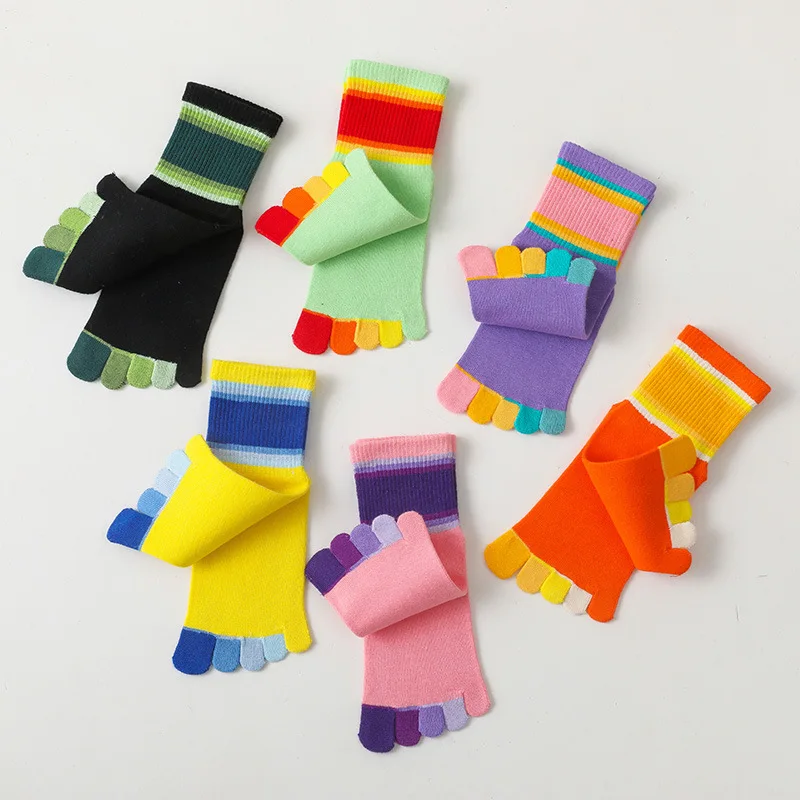 5 Pairs Kids Happy Toe Socks Bright Color Fashion Rainbow Striped Five Fingers Cotton Socks for Baby Boys Girls 2-5-10Y Children