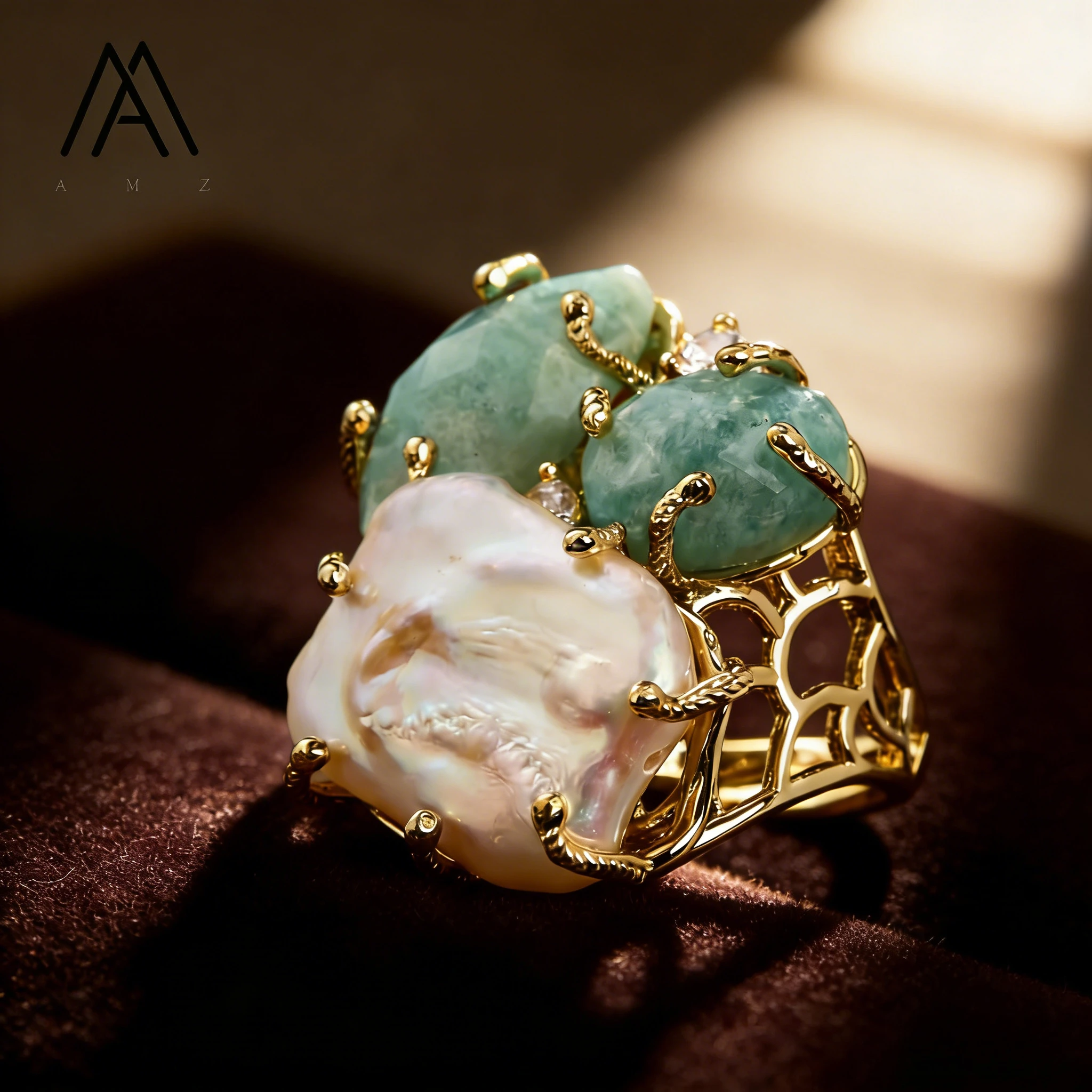 Gold Plated Marquise Cut Diamond Crystal Rings Natural Keshi Pearl Amazonite Adjustable Jewelry for Ladies Gifts