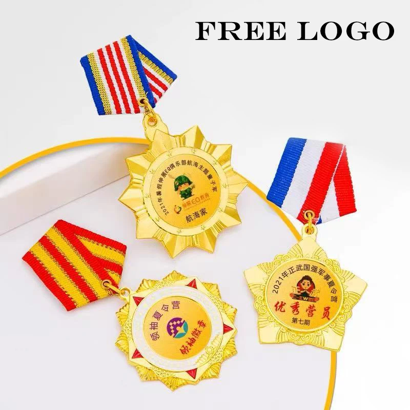 Free Custom Blank Metal Honor Medal Badge With Ribbon Pin Free Logo Printing Engraving Zinc Alloy Gold Plated Award Souvenir