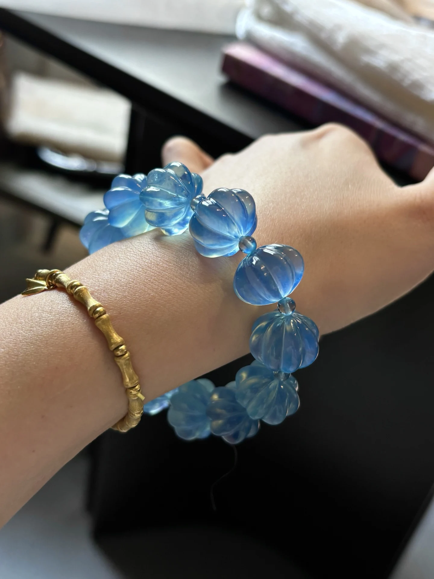 Natural Blue Aquamarine Clear Pumpkin Bead Bracelet Women Men 17.5mm Stretch Blue Aquamarine Jewelry AAAAAA