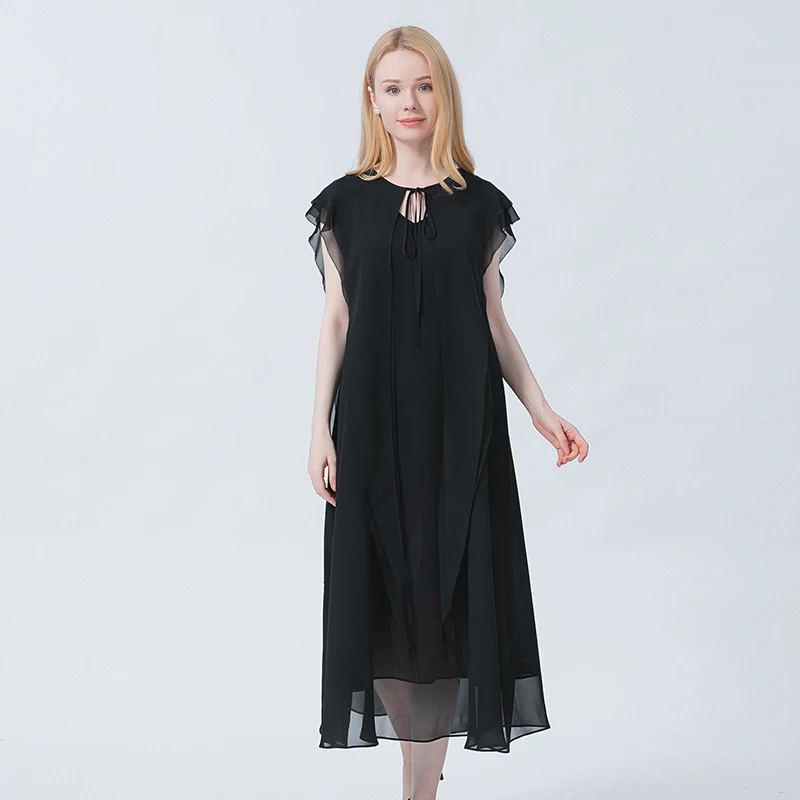 Silk Georgette Black Summer Women's Dress 2022o-Neck Sleeveless Detachable Shawl Fashion Simple Comfortable Long Dress AE982