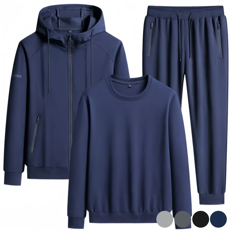 Men's Casual Sports Suit 3-Piece Set, Autumn Running Fitness Clothing, Hooded Cardigan Sweatshirt and Pants, Large Size Loose Fit Pure Cotton