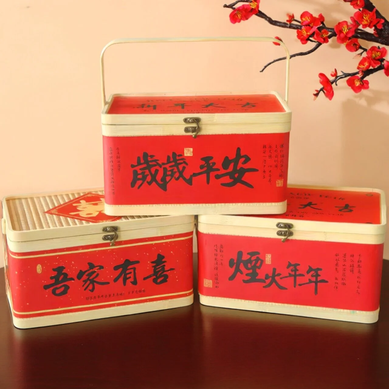 Cesta de Regalo Roja Grande, Cesta para Guardar Embutidos y Aperitivos, Cesta de Aperitivos para el Año Nuevo Chino, Cesta Festiva China para Aperitivos