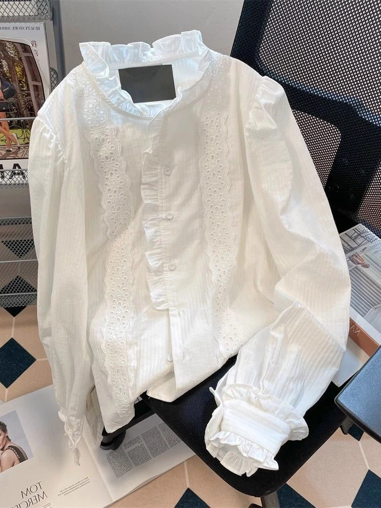 

Jmprs Lace Ruffles Sweet White Shirt Women Elegant Long Sleeve Vintage Korean Blouse Fall Casual Stand Collar Female Retro Tops