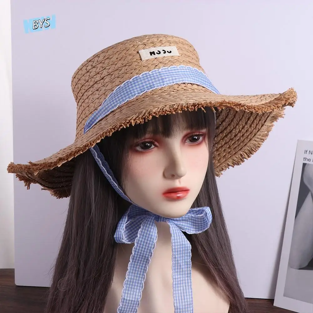 

Lace-up Straw Weave Sun Hat Letter Stripe Summer Sunscreen Bucket Hat Japanese Style Sun Protection Bowknot Beach Sun Cap