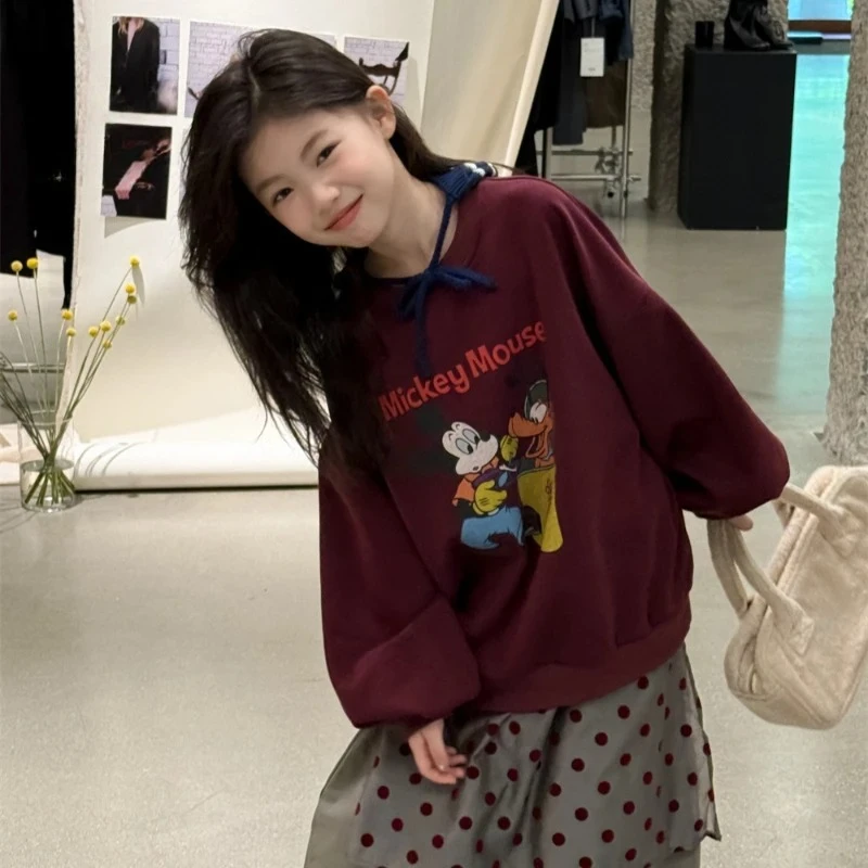 

2025 Girls Mickey Hoodie, Korean Style Cartoon Pullover for Big Kids & Teens Fashion Top