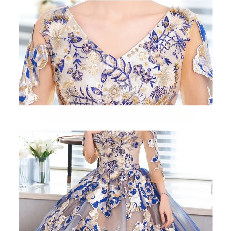 2025 Nuevo vestido de novia bordado colorido para mujer, vestido de noche, puesta en escena con sonido de moda, examen de arte, falda con colgante grande