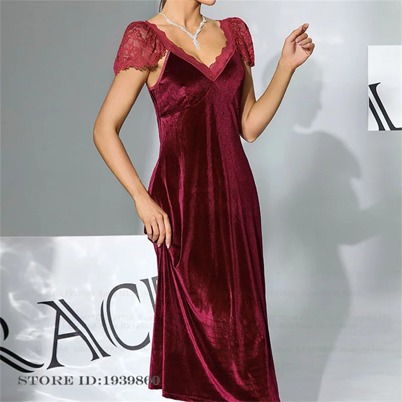 Autumn Winter Velvet Long Nightgown Chemise Sleepwear Sexy Burgundy Lace Nightdress Homewear Female Velour Loungewear Night Wear