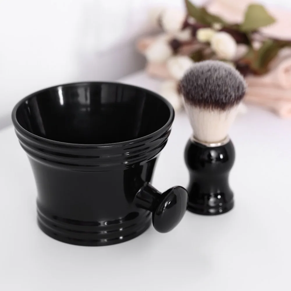 ABS, Nylon Shaving Brush and Bowl Set Black Quick Lathering Beard Care Kit Glossy Finish Compact Portable Grooming Kit
