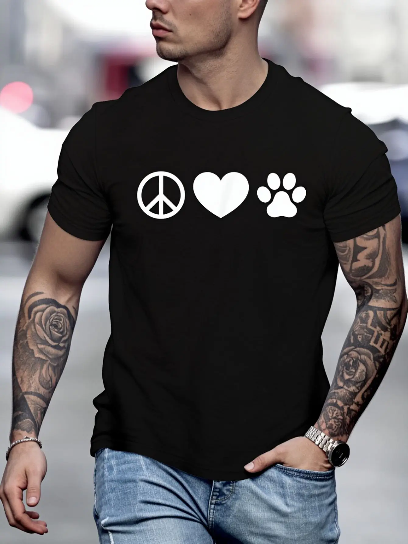 100% Cotton Peace, Love And Dogs T Shirt T-Shirt Street Hip-Hop Style Men's T-Shirt